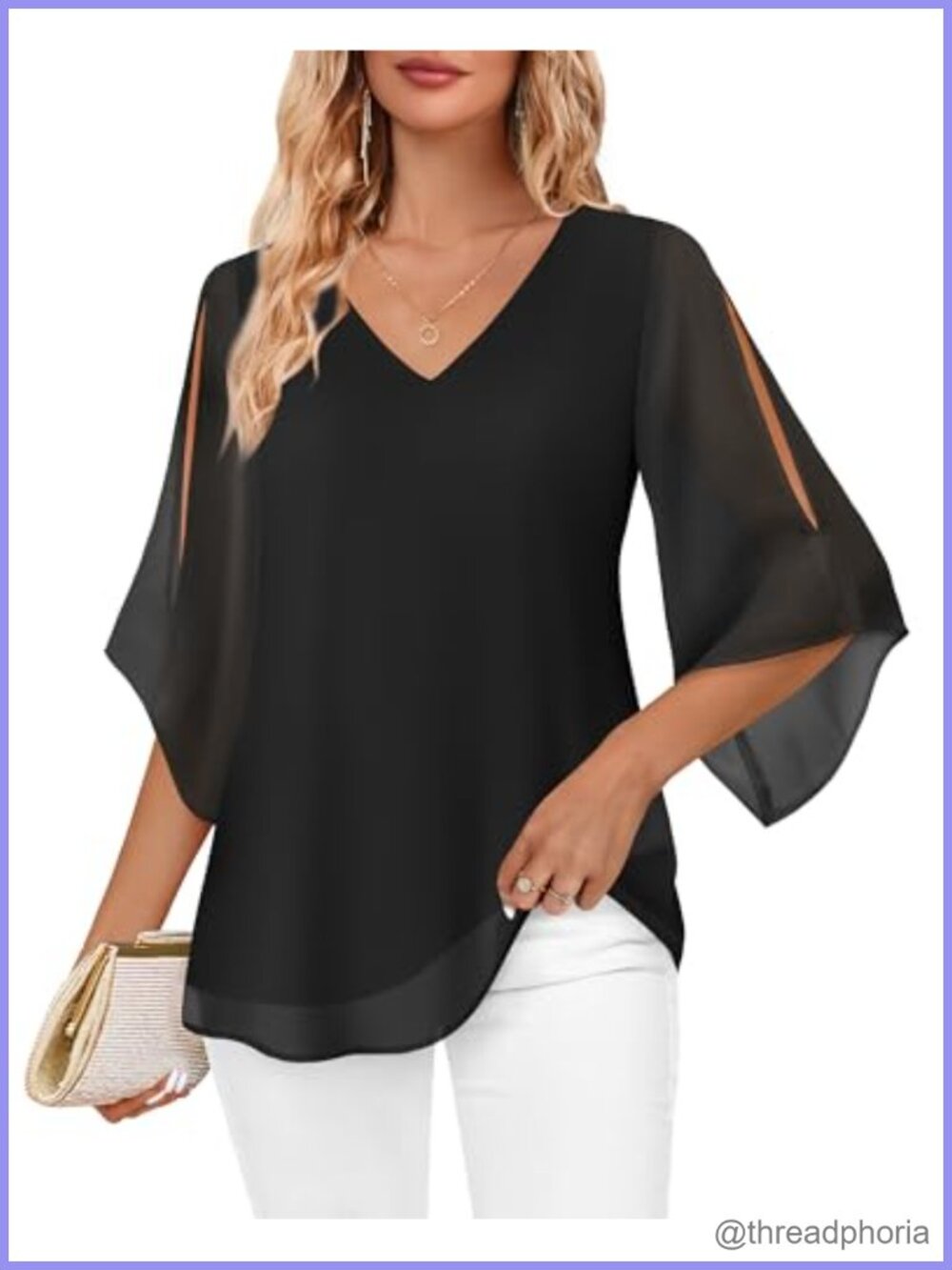 Chiffon Blouse 3/4 Split Sleeve V Neck Double Layers Dressy Tunic Top